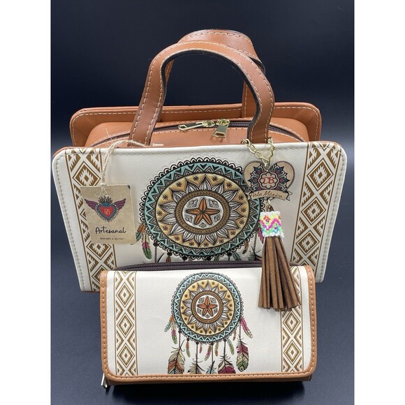 Purse Handbag Cross Body Tote Leather Dream Catcher Hand Made  Artisanal 2pc - Picture 1 of 12
